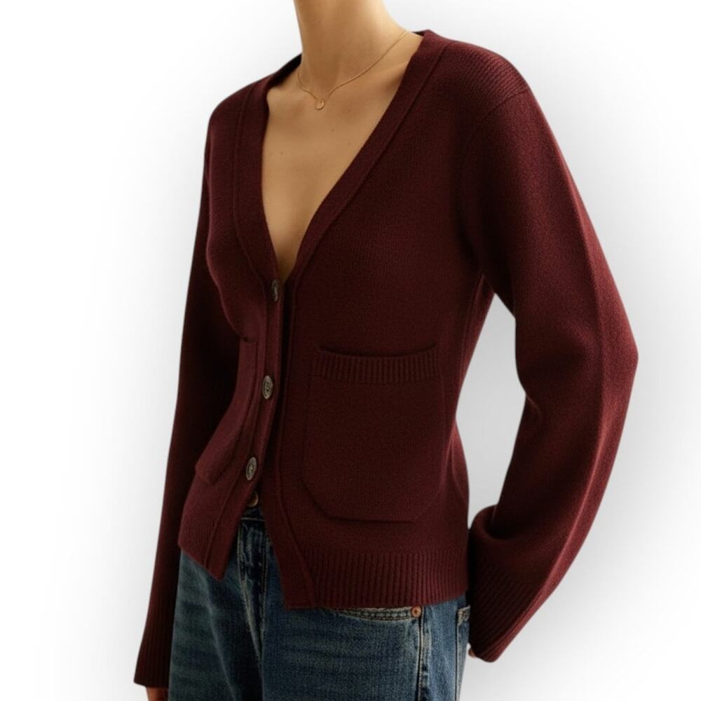 Commense Burgundy V-Neck Button Cardigan XL Knit Sweater Quiet Luxury Minimalist